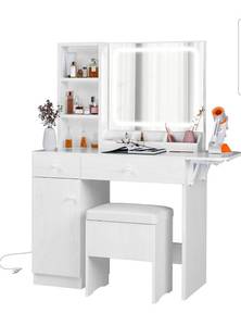lot 39275 image: IRONCK Vanity Desk with LED Lighted Mirror & Power Outlet, Makeup Table with Drawers & Cabinet,Storage Stool, White - Retail $219
