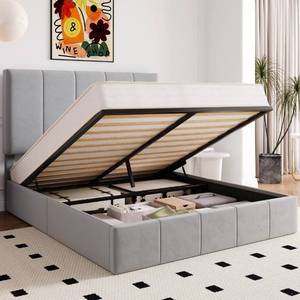 lot 39280 image: Allewie Queen Size Velvet Lift Up Storage Bed Frame, Vertical Channel Tufted Headboard, Hydrualic Underneath Storage, Upholstered Platform Bed, Wooden Slats Support, No Box Spring Needed, Gray - Retail $264