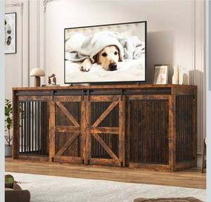 lot 39281 image: Farmhouse Dog Crate TV Stand, Wooden Dog Kennel Furniture with Sliding Metal Mesh Barn Door, Large Dog Crate Furniture for 2 Dogs, Solid Metal Tube & 2 Lockable Doors, Rustic Brown - Retail $299