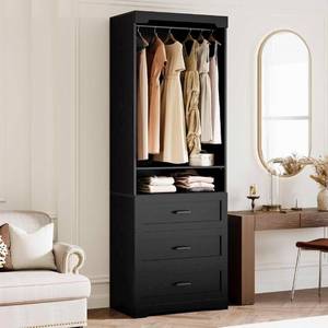 lot 39282 image: IRONCK Freestanding Closet System with 3 Wood Drawers, Modern Armoire Wardrobe with Adjustable Shelves & Hanging Rod, Walk-in Closet Systems Organizer, Black - Retail $159