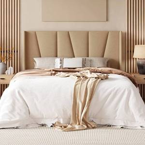 lot 39283 image: Allewie Full Size Platform Bed Frame with Geometric Wingback Headboard, Boho Upholstered Bed with Wooden Slats Support, No Box Spring Needed, Easy Assembly, Beige - Retail $180
