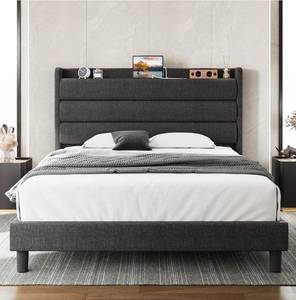 lot 39289 image: LIKIMIO Queen Size Bed Frame, Storage Headboard with Outlets, Sturdy and Stable, No Noise, No Box Springs Needed, Dark Gray - Retail $219