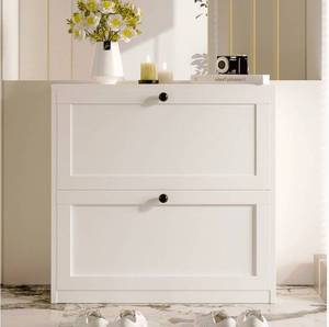 lot 39290 image: White Shoes Cabinet with 2 Flip Drawers for Narrow Entryway,Shoe Storage Cabinet Shoe Rack Organizer for Bedroom Living Room - Retail $90