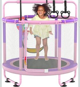 lot 39291 image: LANGXUN 60 Trampoline for Kids, 5ft Toddler Mini 6-in-1 Trampoline Indoor Outdoor with Swing, Basketball Hoop, Dart Board, Rings, Christmas Toys Birthday Gifts for Girls Boys - Retail $99