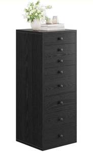 lot 39296 image: LIKIMIO Tall Dresser, Small Dressers with 8 Storage Drawers, Chest of Drawers for Organizing, Tall Narrow Dresser for Bedroom, Black - Retail $149