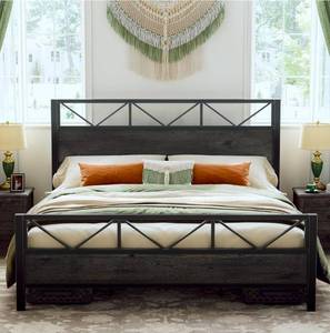lot 39302 image: LIKIMIO King Bed Frame, Tall Industrial Headboard 51.2 , Platform Bed Frame with Strong Metal Support, Solid and Stable, Noise Free, No Box Spring Needed, Easy Assembly, Charcoal Grey - Retail $185