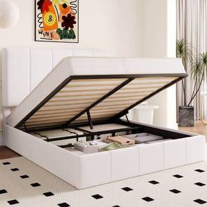 lot 39303 image: Allewie Queen Size Velvet Lift Up Storage Bed Frame, Vertical Channel Tufted Headboard, Hydrualic Underneath Storage, Upholstered Platform Bed, Wooden Slats Support, No Box Spring Needed, White - Retail $269