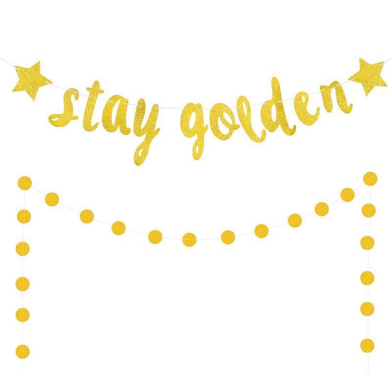 lot 1251 image: 2 Pieces Stay Golden Banner Glitter Gold Lucky Birthday Banner Circle Dot Hanging Garland for Birthday Baby Shower Party Decoration Supplies Retail $9.98