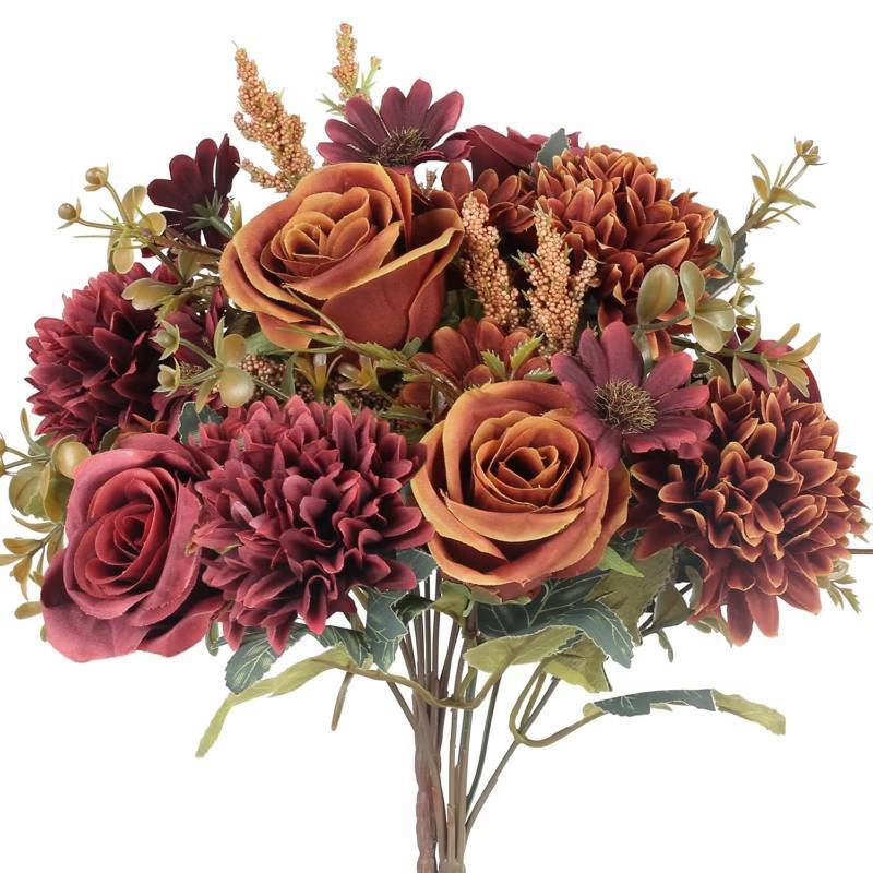 lot 1257 image: GTIDEA 2 Bundles Artificial Fall Flowers 2 Colors Fake Roses Silk Bouquets with Hydrangea Autumn Faux Flowers Arrangements for Home Fall Wedding Table Centerpieces Party Decor (OrangeRed) - Retail $16