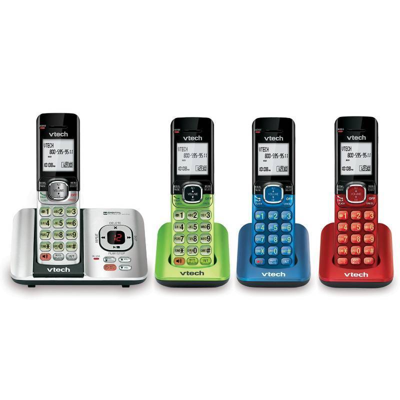 lot 1261 image: VTech CS6529-4B 4-Handset DECT 6.0 Cordless Phone with Answering System and Caller ID, Expandable up to 5 Handsets, Wall-Mountable, BlueGreenRedSilver Retail $69.95
