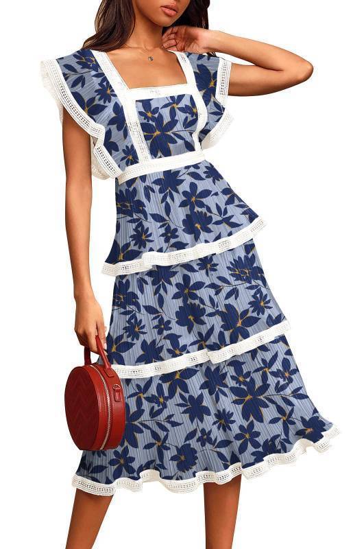 lot 1307 image: ETCYY Womens Summer Ruffle Dress Lace Tiered Short Sleeve Boho Floral Print Wedding Guest Chiffon Party Casual Long Maxi Dresses Retail $36.98