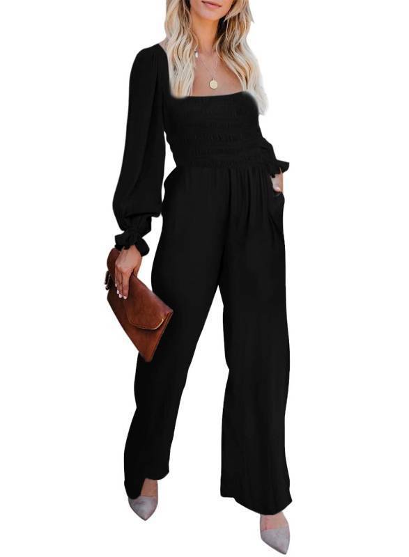 lot 1313 image: BLENCOT Womens Ruffle Long Sleeve High Waisted Long Wide Leg Jumpsuits Loose Fall Fashion Rompers Black X-Large Retail $35.81