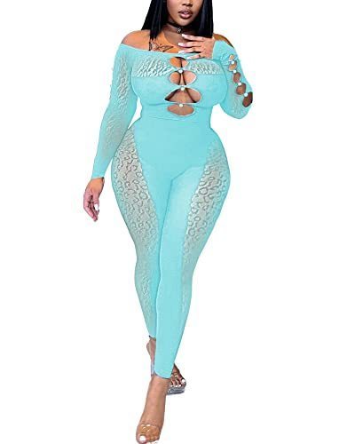 lot 1319 image: MOEENCN Sexy Off Shoulder Jumpsuit for Women Sheer Mesh Bodycon Long Sleeve Rompers Hollow Out Party Club Streetwear Light Blue Retail $39.56