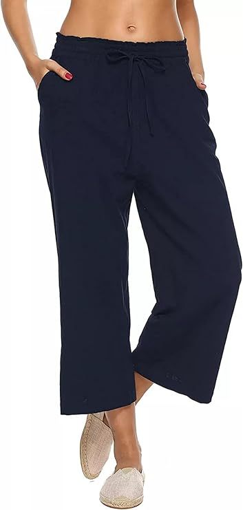 lot 1300 image: LNX Womens Linen Pants High Waisted Wide Leg Drawstring Casual Loose Trousers with Pockets (Small, Navy) Retail $31.59