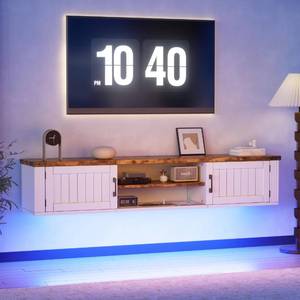 lot 1006 image: PAKASEPT Floating TV Stand, Wall Mounted TV Console with LED Lights and Doors, 63 TV Floating Shelf for TVs up to 80 Inch, Floating Cabinet for Under TV it looks like all is there,but listed as open because did not put together - Retail $384