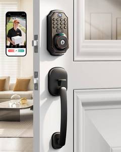 lot 1011 image: Keyless Entry Deadbolt with Handle Set - WiFi Smart Lock with Camera, 5-in-1 CameraDoorbellFingerprintKeypad, App Control, Auto Lock, Easy Install, Waterproof for Front Door - Retail $160