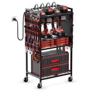 lot 1026 image: JUNNUJ Large Power Tool Organizer Cart with Charging Station, Garage Floor Standing Rolling Drill and Tools Battery Storage Cart on Wheels, Heavy Duty Utility Rack Shelf with 8 Outlet Power Strip, Red - Retail $68