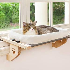 lot 1025 image: AMOSIJOY Cat Sill Window Perch Sturdy Hammock Seat with Cushion Bed Cover, Wood & Metal Frame for Large Cats, Easy to Adjust Windowsill, Bedside, Drawer and Cabinet (L) - Retail $30