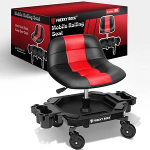lot 1081 image: FREEKYROCK Rolling Stool with Wheels, Adjustable Height Pneumatic Garage Work Mechanic Stool Seat with Backrest, 400 LBS Capacity 360° Swivel Mechanic Crepper Chair with Tool Tray Storage, - Retail $156