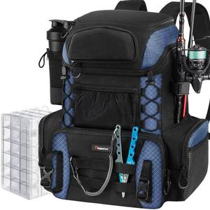 lot 1089 image: Piscifun Fishing Tackle Backpack with Rod Holders & 4 Tackle Boxes, Outdoor Fishing Bag with Waterproof Rain Cover Black - Retail $63