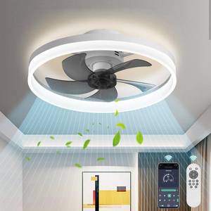 lot 1090 image: AHAWILL Low Profile Ceiling Fans with Lights,19.7 Flush Mount Ceiling Fan with Remote,Reversible,Noiseless,Dimmable,White Fandelier Chandelier Ceiling Fan for Bedroom. Black - Retail $90