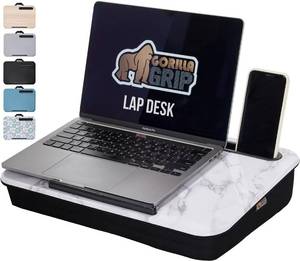 lot 1137 image: GORILLA GRIP Laptop Lap Desk with Phone Holder, Pillow Cushion Desks Fit Laptops up to 15.6, Gifts for Home, Portable Travel Workstation, Tray Ledge Keep Computers in Place, Marble Pattern - Retail $33