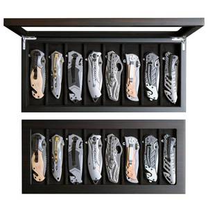 lot 1138 image: Besforu Knife Display Case Organizer storage 8 pocket knives, Folding Knife Holder with Real Glass Window Top�� Pocket knife collection box for men gift (Ebony Veneer 8 slot) - Retail $67