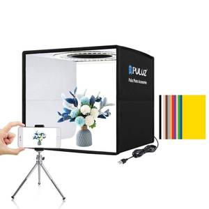 lot 1140 image: PULUZ Mini Photo Studio Light Box, Photo Shooting Tent kit, Portable Folding Photography Light Tent with CRI 95 104pcs LED Light & 6 Kinds Double-Sided Color Backgrounds for Small Size Products - Retail $30