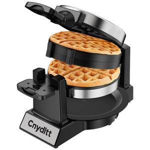 lot 1147 image: Cnydltt Double Waffle Maker, 1400W Rotating Belgian Waffle Iron with Nonstick Plates, 180° Flip, 8-Slice, Removable Drip Tray, Locking Lid & Cool Touch Handles, Stainless, Black - Retail $60