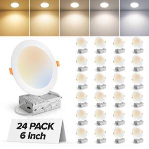 lot 1148 image: MAILCOS 24 Pack 6 Inch 5CCT Ultra-Thin LED Recessed Ceiling Light with Junction Box, 2700K-5000K Selectable, 1050LM High Brightness, Dimmable Canless Wafer Downlight, 12W 120V, ETL - Retail $104