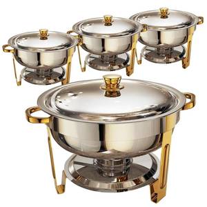 lot 1149 image: Frizoky Chafing Dishes for Buffet 4 Pack, 6QT Round Chafing Dish Buffet Set Stainless Steel Buffet Food Warmers Sets for Catering Events Parties Dinners with Complete Set,Gold and Silver - Retail $150