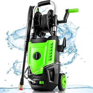 lot 1156 image: 4800PSI Electric Pressure Washer- 3.8GPM High Power Washer with 33FT Hose Reel, 4 Spray Tips and Soap Bottle for Car Washing, Fence Cleaning, Patio Maintenance��Upgraded�� (Green) - Retail $115