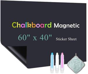 lot 1158 image: Qiytecno Chalk Board Contact Paper with Adhesive, 60 x 40 Magnetic Chalkboards for Wall, Wallpaper Sheets for Office for School and Kids, Includes Liquid Chalks Markers and Dishcloth and Magnet - Retail $80