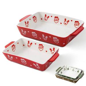 lot 1163 image: ��YumiPLUS Set of 2 Ceramic Baking Dish Set, 8x5 inch & 10x6 inch Rectangular Casserole dish for Oven, Festive Lasagna Pan for Small Family, Christmas Gift Idea (Red) - Retail $34