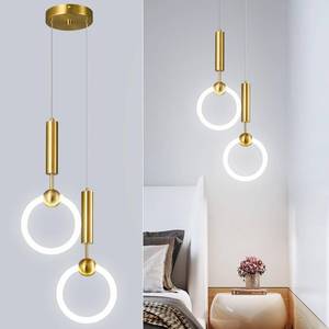 lot 1178 image: ADCTHOME Modern LED Pendant Light Fixtures, Simplicity Gold Pendant Lighting,Circular Hanging Chandelier for Kitchen Island Dining Room Bedroom Entryway Hallway(Gold-2-Light) - Retail $130