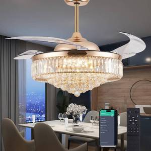 lot 1194 image: DuMaiWay 52 Dimmable Chandelier Ceiling Fan with Lights,Retractable Crystal Fandelier Ceiling Fan with APP Control for Bedroom Living Room Polished Gold 6 Speed - Retail $330