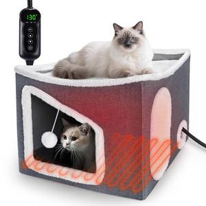 lot 1212 image: Tovve Heated Cat House for Indoor, Large Cat Bed with Heating Pad, Adjustable Temperature & Timing, with Fluffy Ball Hanging and Scratch Pad, Foldable Pet Hideaway for Small Medium and Large Cats��XL�� - Retail $37