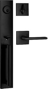 lot 1216 image: Berlin Modisch Full Escutcheon HandleSet Front Door Entry Handle and Deadbolt Lock Set Slim Square Single Cylinder Deadbolt and Lever Heavy Duty �� Iron Black Finish (B083LF8PJS) - Retail $166