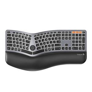 lot 1219 image: Backlit Bluetooth Ergonomic Keyboard, ProtoArc EK01 Plus Full Size Wireless Split Keyboard with Dual Bluetooth and USB, Cushioned Wrist Rest, Rechargeable for WindowsMacAndroid, Grey Black - Retail $100