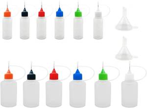 lot 1265 image: MYYZMY 12 Pcs Precision Tip Applicator Bottles, 1 Ounce Translucent Glue Bottles, with 2 Mini Funnel for Paper Quilling DIY Craft, Multicolor Lids - Retail $2,534
