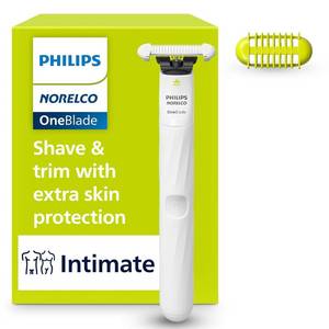 lot 1268 image: Philips Norelco OneBlade Intimate, Designed For Pubic Grooming, Trim & Shave With Extra Skin Protection, Model QP192470 - Retail $34