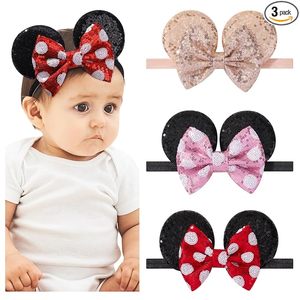 lot 1311 image: choicbaby 3 PCS Mouse Ears Sequin Bow Nylon Hairband Baby Headbands Soft Hairbands - Retail $10