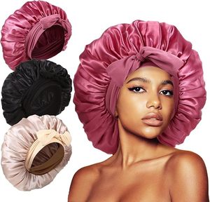 lot 1312 image: 3Pcs Bonnets for Sleeping, Extra Satin Silk Bonnet for Sleeping Women with Tie Band for Curly Hair Jumbo Bonnet Braids - Retail $10