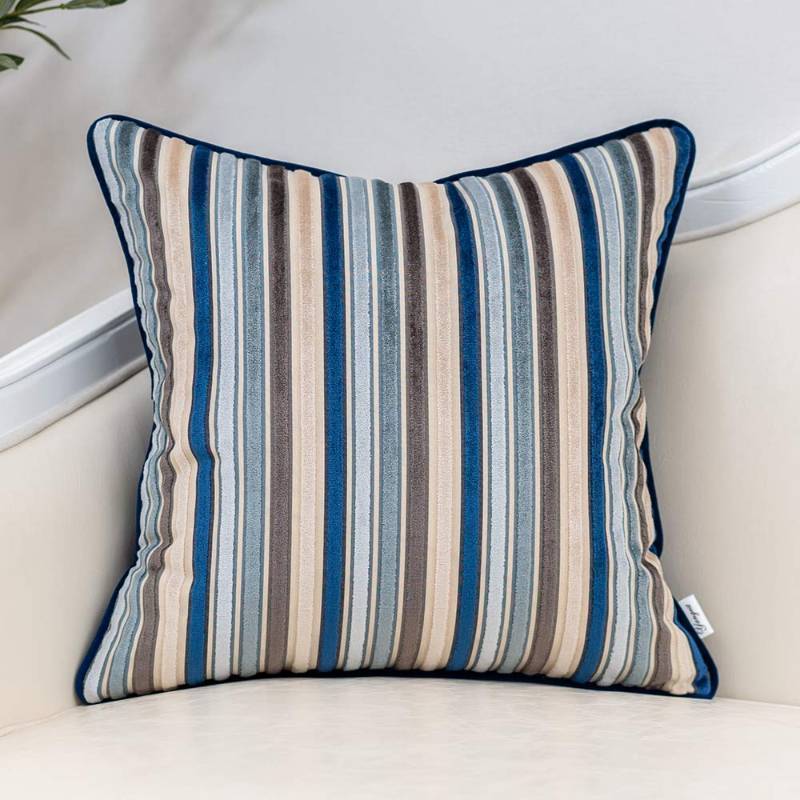 lot 43544 image: Blue Striped Throw Pillow Cover Multicolor Velvet Cushion Cover Modern Bohemian Pillowcase for Sofa Couch Bedroom Living Room Home Christmas Decoration,18x18 Inch - Retail $18
