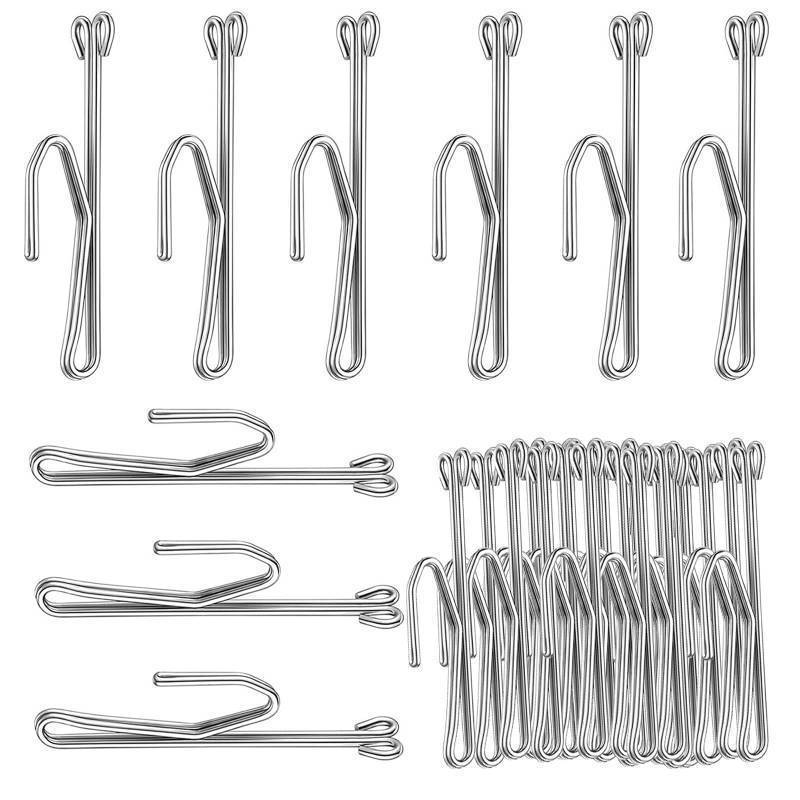 lot 43607 image: 50 Metal Slip-on Drapery Hooks - Stainless Steel Curtain Pleat Hooks for Window, Door & Bathroom Curtains - Retail $17