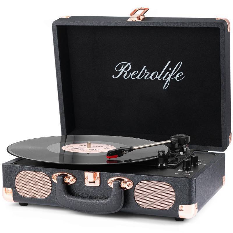 lot 43662 image: Record Player Wireless Portable Suitcase Vinyl Player with Built-in Speakers Retro Style Record Player for Vinyl Records 3-Speed RCA Line Out AUX in Vintage Turntable Upgrade Black - Retail $65