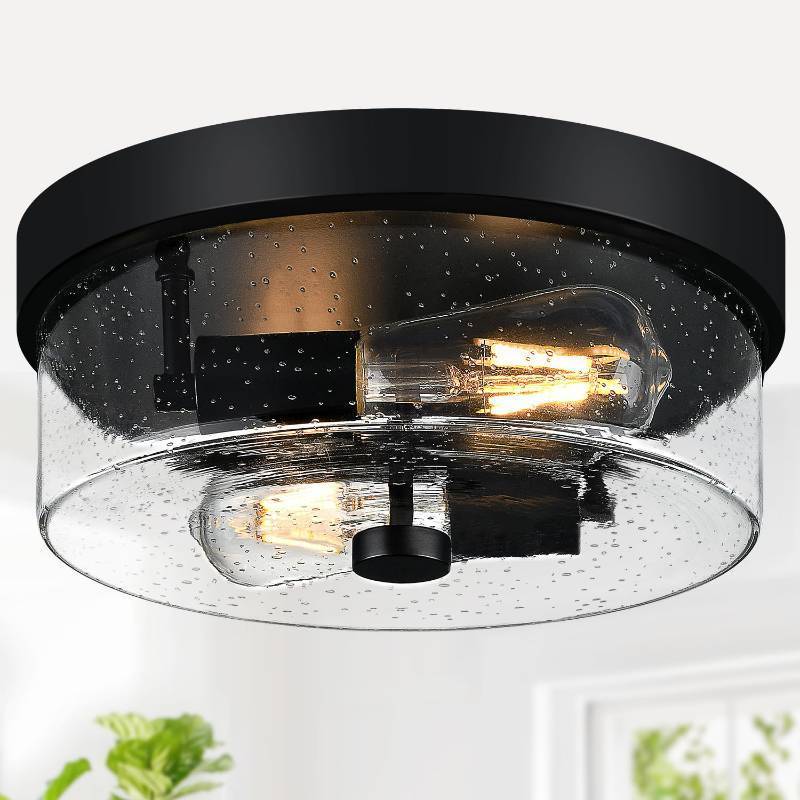 lot 43667 image: Black Flush Mount Ceiling Light Fixtures, 2-Light Ceiling Mount for Farmhouse with Seeded Glass Lampshade, Industrial Flush Mount Light Fixture Farmhouse for Hallway, Kitchen, Entryway and Foyer - Retail $40