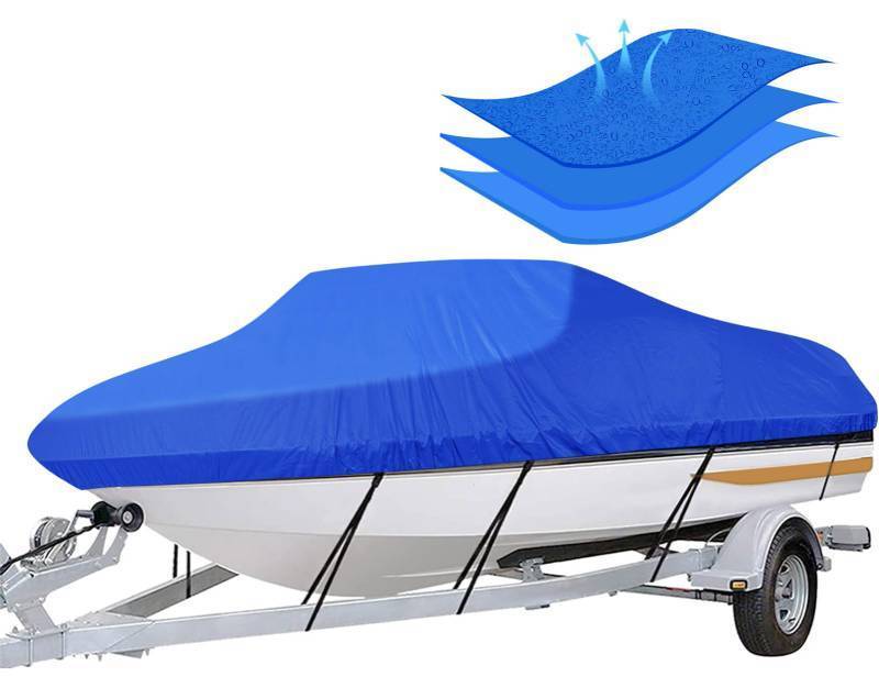 lot 43668 image: Trailerable Boat Cover- 16-18.5 Heavy Duty Waterproof Tarp Covers with Storage Bag, Fits V-Hull, Fish&Ski, Pro-Style, Fishing, Runabout, Bass Boats, up to 16ft-18.5ft Long X 94 Wide - Retail $58