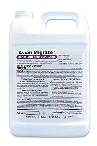 lot 43670 image: Avian Migrate, Goose Deterrent, Bird Repellent Concentrate, Geese Repellent, Non-Toxic, Removes Geese from Yards, Parks, Beaches, Ponds and Ground, Made in The USA (1 Gallon) - Retail $149