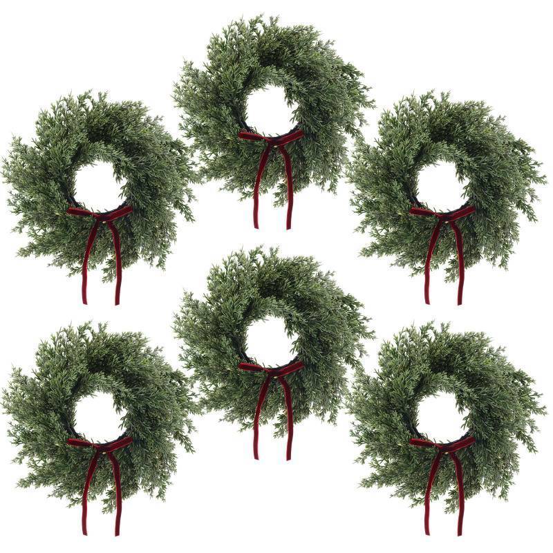 lot 43682 image: 6 Set 12 Inches Christmas Pine Wreath with Red Bow Cedar Wreaths Realistic Christmas Decorations for Holiday Xmas Wall, Window, Outdoor Indoor - Retail $59